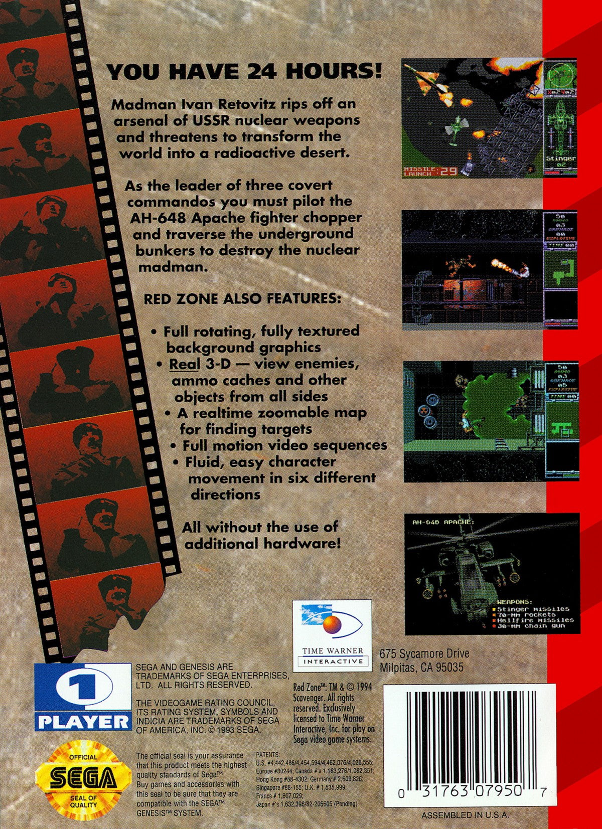 Red Zone Sega Genesis GEN for retro video game enthusiasts featuring military action gameplay combat helicopter missions tactical vehicle combat intense battlefield operations advanced 16 bit graphics and collectible gaming appeal back cover