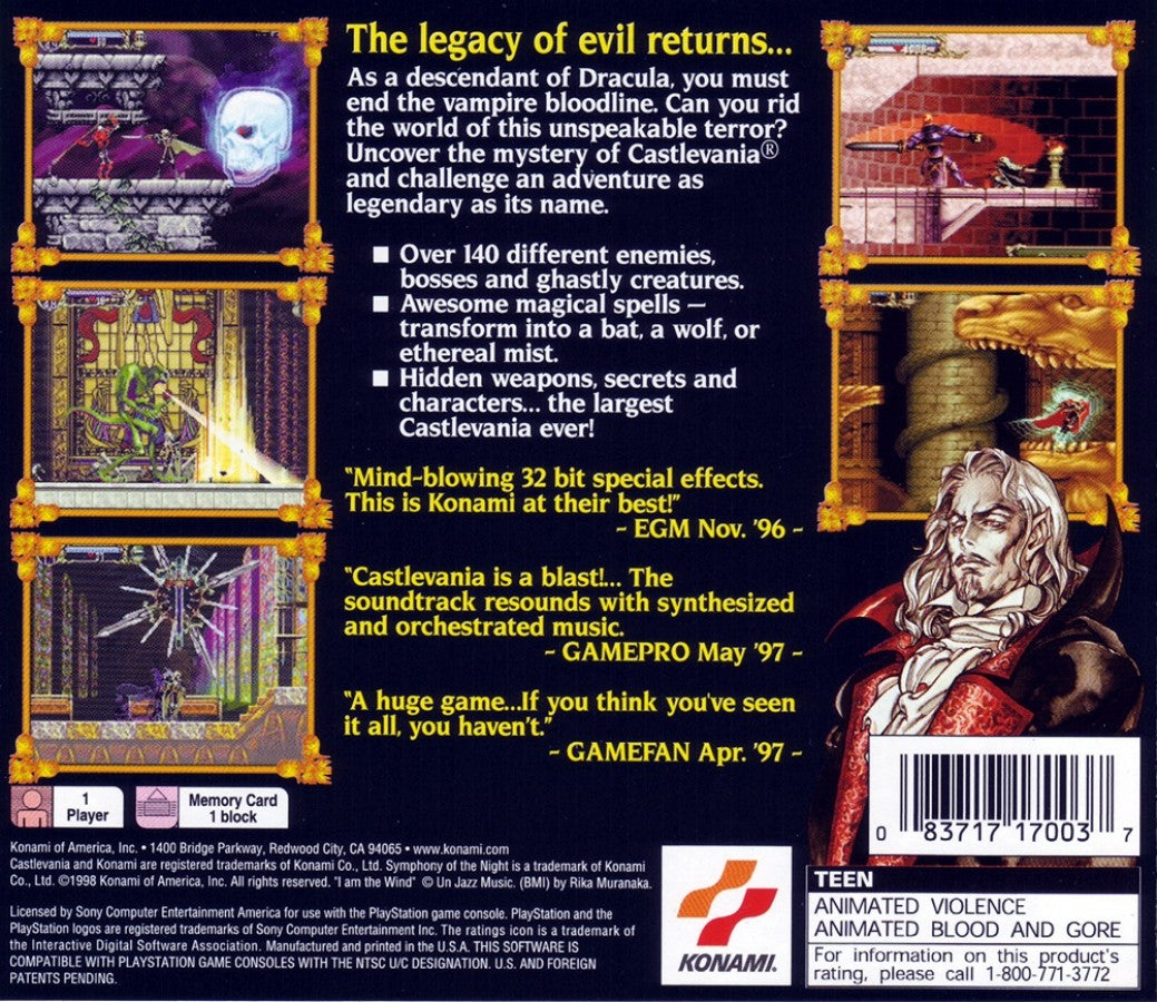 Castlevania Symphony of the Night PlayStation 1 PS1 classic action adventure gothic platformer Konami game metroidvania style retro video game collectible for PS1 console back cover