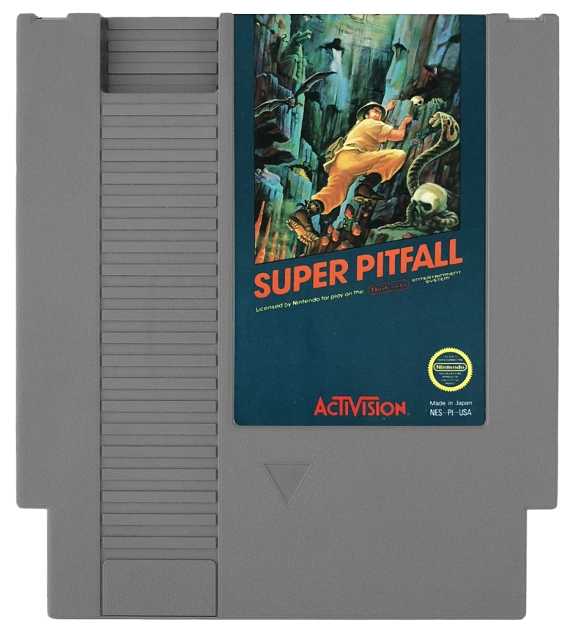 Super Pitfall Nintendo Entertainment System NES for retro video game enthusiasts featuring action adventure platforming gameplay maze like exploration hidden secrets challenging enemies underground caverns classic 8 bit gaming and collectible gaming appeal cartridge 