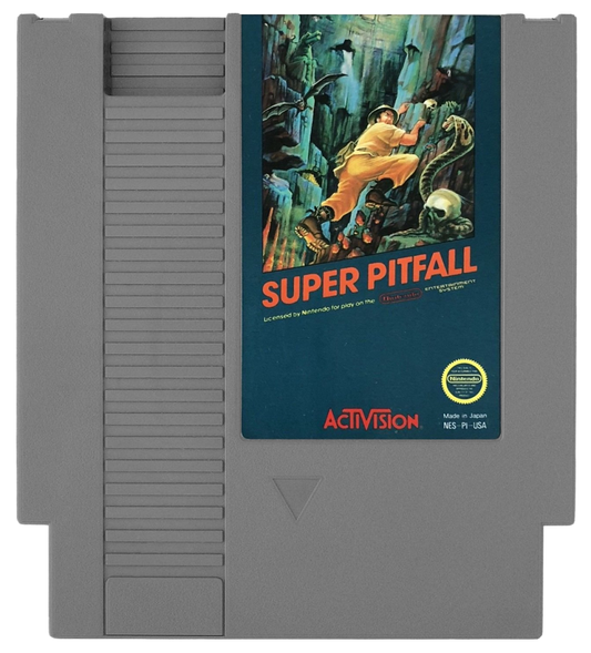 Super Pitfall Nintendo Entertainment System NES for retro video game enthusiasts featuring action adventure platforming gameplay maze like exploration hidden secrets challenging enemies underground caverns classic 8 bit gaming and collectible gaming appeal cartridge 