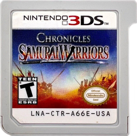 Samurai Warriors Chronicles Nintendo 3DS game featuring hack and slash action gameplay with historical samurai battles, character customization, and strategic missions in a 3D handheld environment cartridge