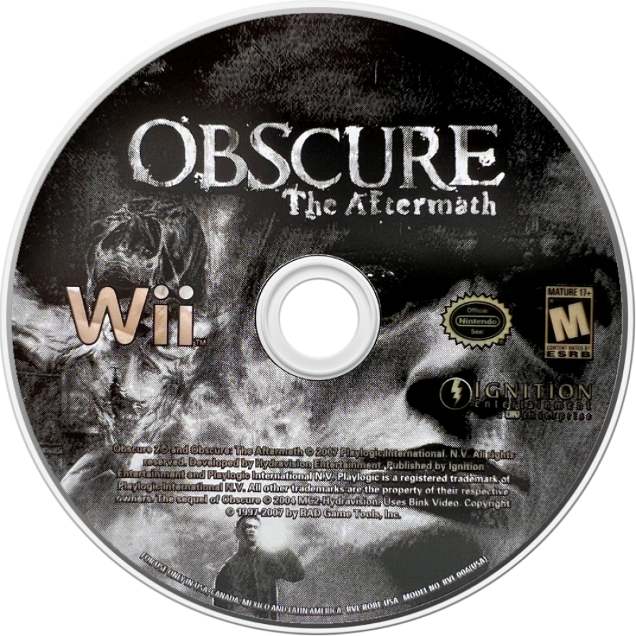 Obscure: The Aftermath disc art for Nintendo Wii (Wii) featuring survival horror gameplay and cooperative action adventure.