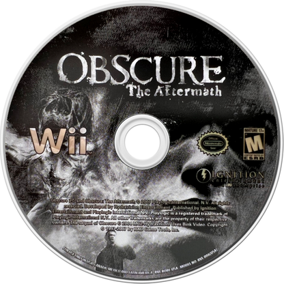 Obscure: The Aftermath disc art for Nintendo Wii (Wii) featuring survival horror gameplay and cooperative action adventure.