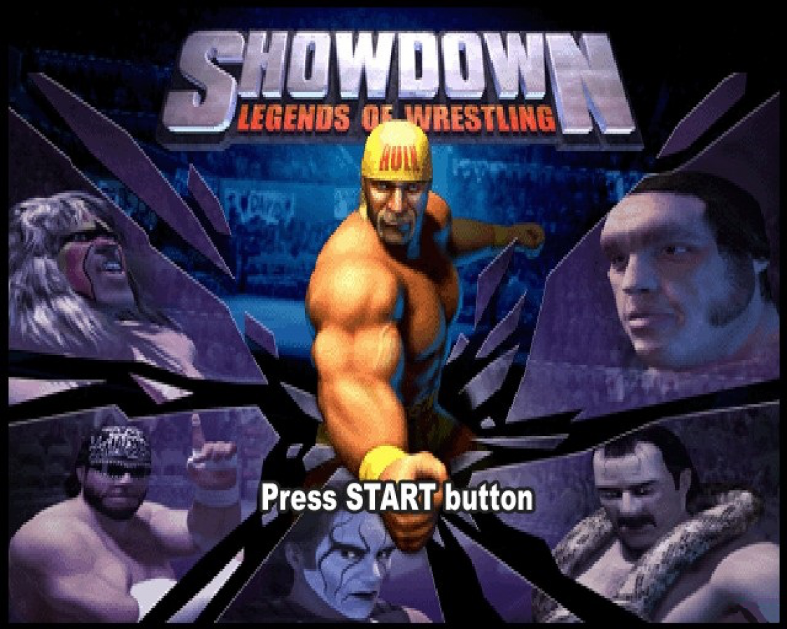 Showdown: Legends of Wrestling – PlayStation 2 (PS2) video game title screen, professional wrestling sports game.