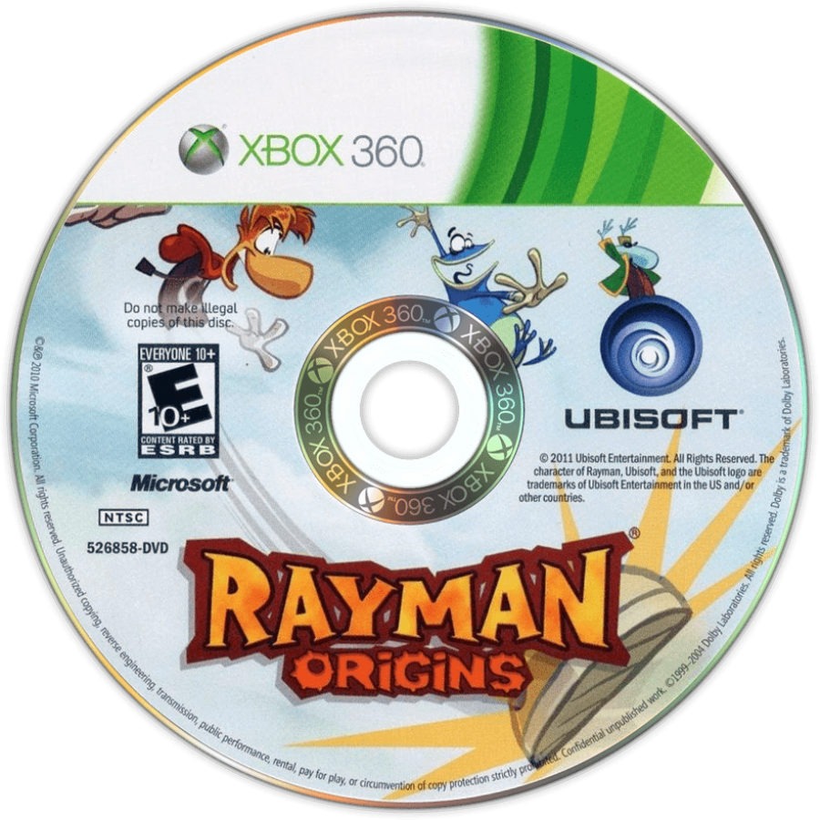 Rayman Origins disc for Xbox 360 (X360) platformer adventure video game