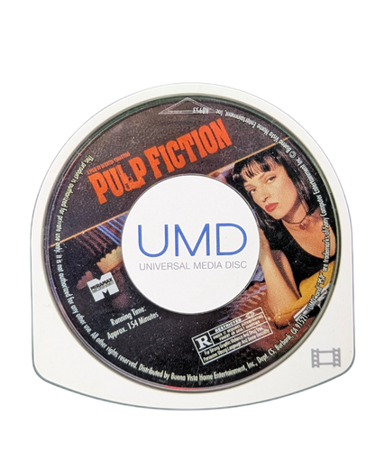 Pulp Fiction PSP movie for PlayStation Portable featuring iconic crime film storytelling, cult classic scenes, and portable UMD movie format disc cartridge