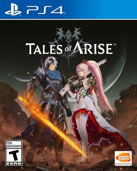 Tales of Arise for PlayStation 4 (PS4) featuring a stylish action JRPG where two warriors from rival worlds unite to overthrow oppressive rulers; fight with fast, flashy combo-based combat, explore vibrant landscapes, and experience a character-driven story about freedom, identity, and sacrifice front cover