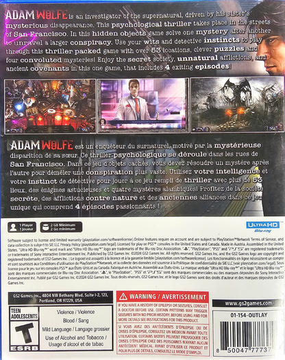 Adam Wolfe PlayStation 5 PS5 for mystery adventure video game fans featuring supernatural investigations hidden object puzzles crime solving detective gameplay eerie environments challenging cases paranormal mysteries and cinematic storytelling immersive investigative adventure collectible gaming appeal back cover art