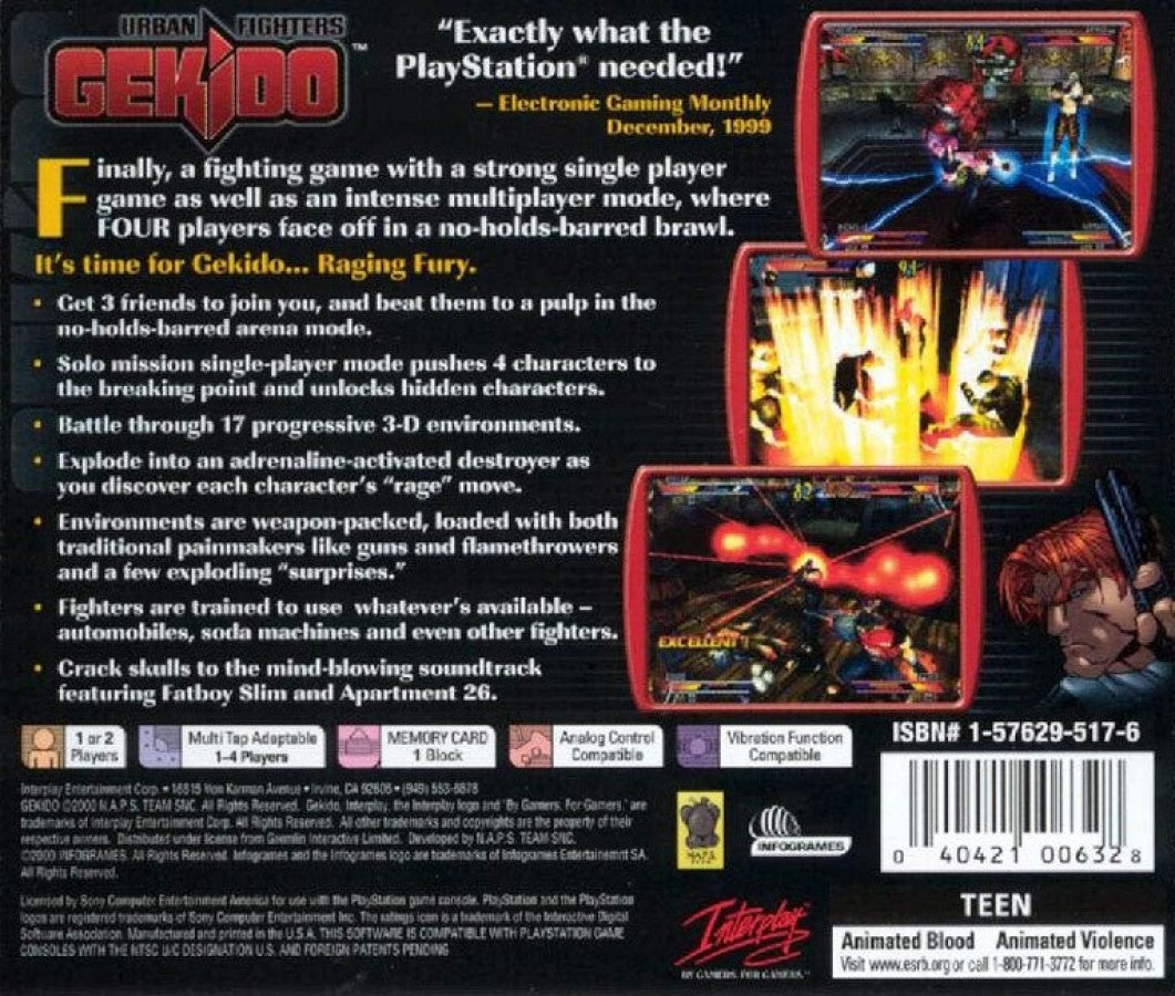 Gekido Urban Fighters PlayStation PS1 for fighting action video game fans featuring fast paced martial arts combat street fighting gameplay multiple playable characters powerful attacks urban environments arcade style action challenging enemies and classic PlayStation gameplay collectible gaming appeal back cover art