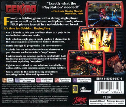 Gekido Urban Fighters PlayStation PS1 for fighting action video game fans featuring fast paced martial arts combat street fighting gameplay multiple playable characters powerful attacks urban environments arcade style action challenging enemies and classic PlayStation gameplay collectible gaming appeal back cover art