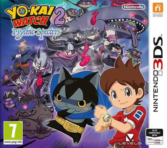 Yo-kai Watch 2 Psychic Specters Nintendo 3DS video game, PAL import edition, RPG adventure, monster collecting and battles, handheld console title front cover