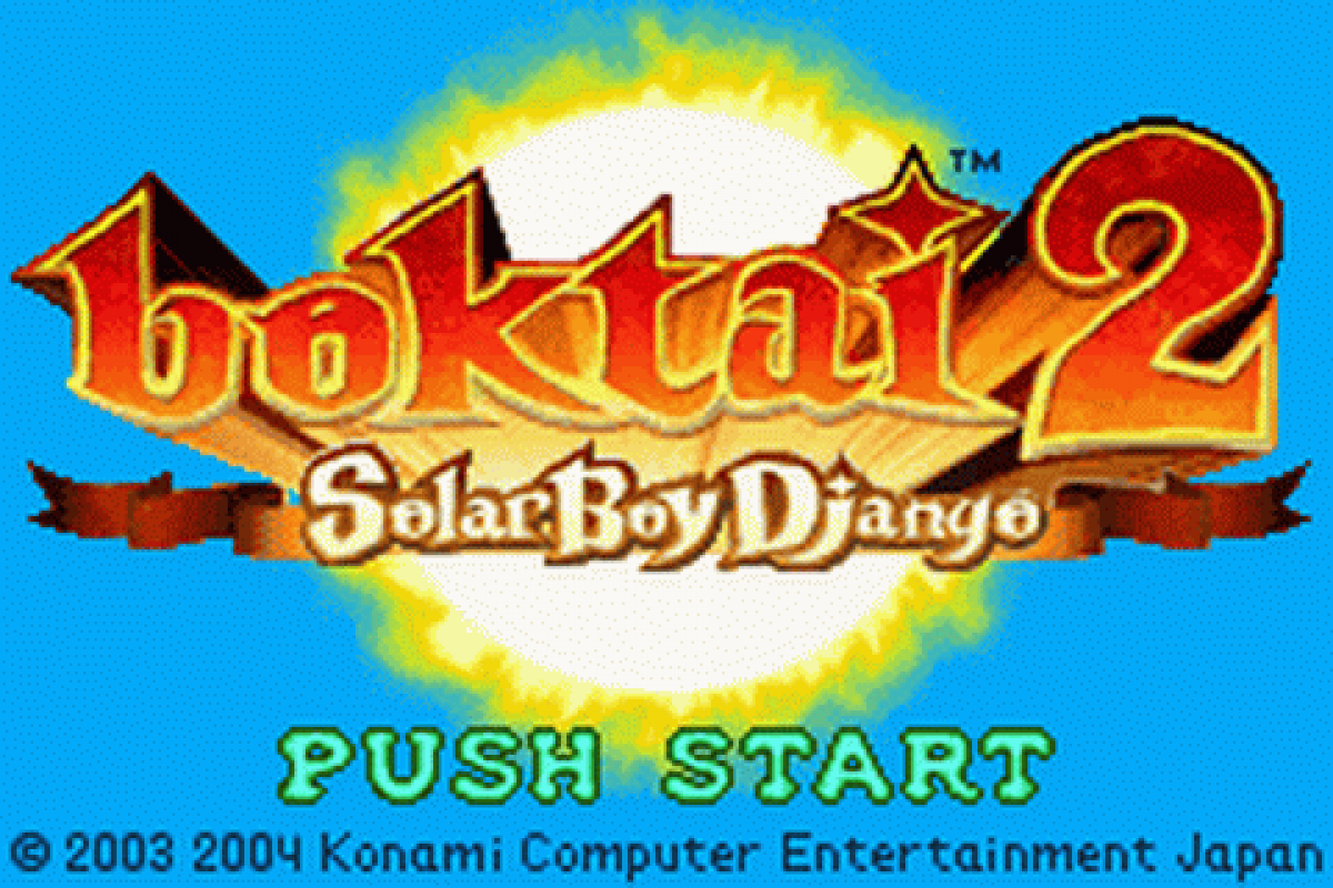 Boktai 2: Solar Boy Django for Game Boy Advance action RPG featuring solar sensor cartridge sunlight gameplay vampire hunting stealth elements sequel to Boktai series start screen
