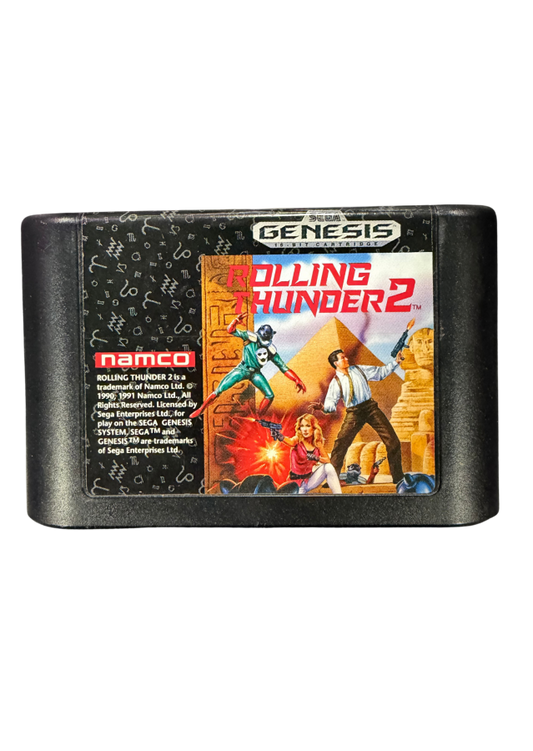 Rolling Thunder 2 Sega Genesis GEN for side scrolling action video game fans featuring fast paced run and gun combat enemy soldiers challenging stages powerful weapons arcade style action cooperative multiplayer gameplay and classic Namco arcade entertainment collectible retro Genesis gaming appeal front of cartridge