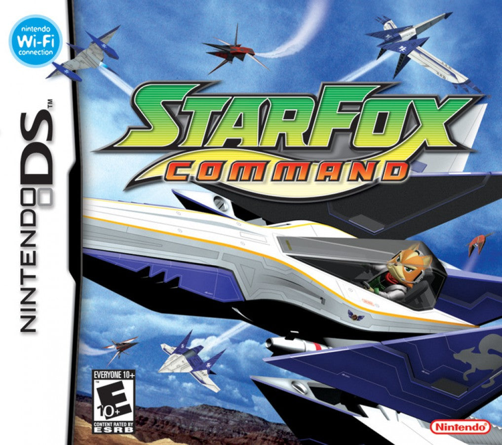 Star Fox Command Nintendo DS DS action strategy video game featuring Fox McCloud and the Star Fox team space combat Arwing piloting touchscreen controls aerial battles enemy fleets branching missions multiple story paths and classic Nintendo DS DS gameplay collectible retro gaming appeal front cover art