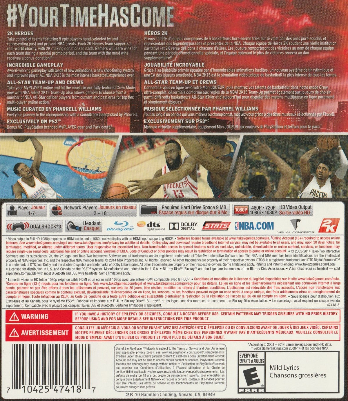 NBA 2K15 for PlayStation 3 (PS3) at Gamers INC, featuring an ultra-realistic basketball experience with a revamped soundtrack curated by Pharrell Williams and improved gameplay animations for smooth action on the court back cover