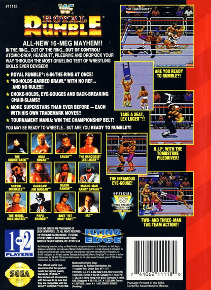 WWF Royal Rumble retro Sega Genesis video game featuring wrestling combat gameplay, WWE superstar battles, multiplayer match action and classic Genesis entertainment - back of case
