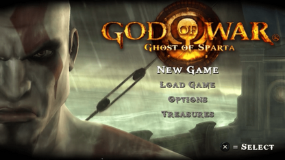 God of War Ghost of Sparta PlayStation Portable PSP action-adventure hack and slash video game prequel to the God of War series featuring Kratos combat magic upgrades and the Arms of spear and shield developed by Ready at Dawn exclusive Sony handheld epic cinematic Greek mythology quest main menu title screen