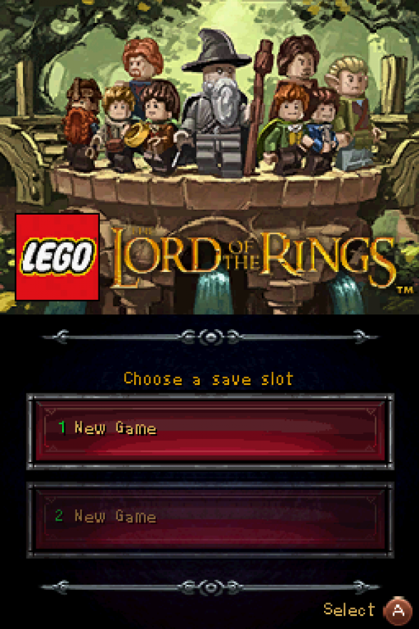 LEGO The Lord of the Rings start screen for Nintendo DS (DS) action adventure video game