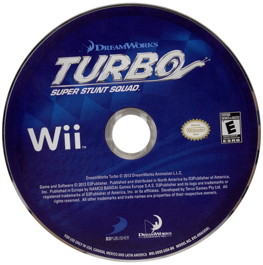 Turbo: Super Stunt Squad disc art Nintendo Wii (Wii) featuring stunt‑driven racing with characters from the DreamWorks film, performing tricks, jumps, and high‑speed challenges.