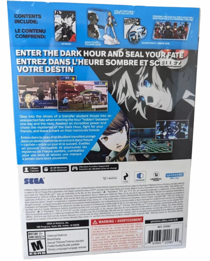 Persona 3 Reload Aigis Edition PlayStation 5 PS5 for video game enthusiasts featuring Japanese role playing gameplay turn based combat social simulation dungeon exploration character progression premium collector edition content and collectible gaming appeal back cover