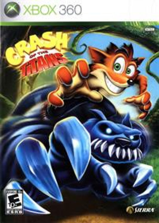 Crash of the Titans Xbox 360 X360 for action platforming video game fans featuring Crash Bandicoot combat mutant enemies jungle environments enemy hijacking abilities platforming challenges colorful levels boss battles and fast paced cartoon adventure gameplay collectible gaming appeal front