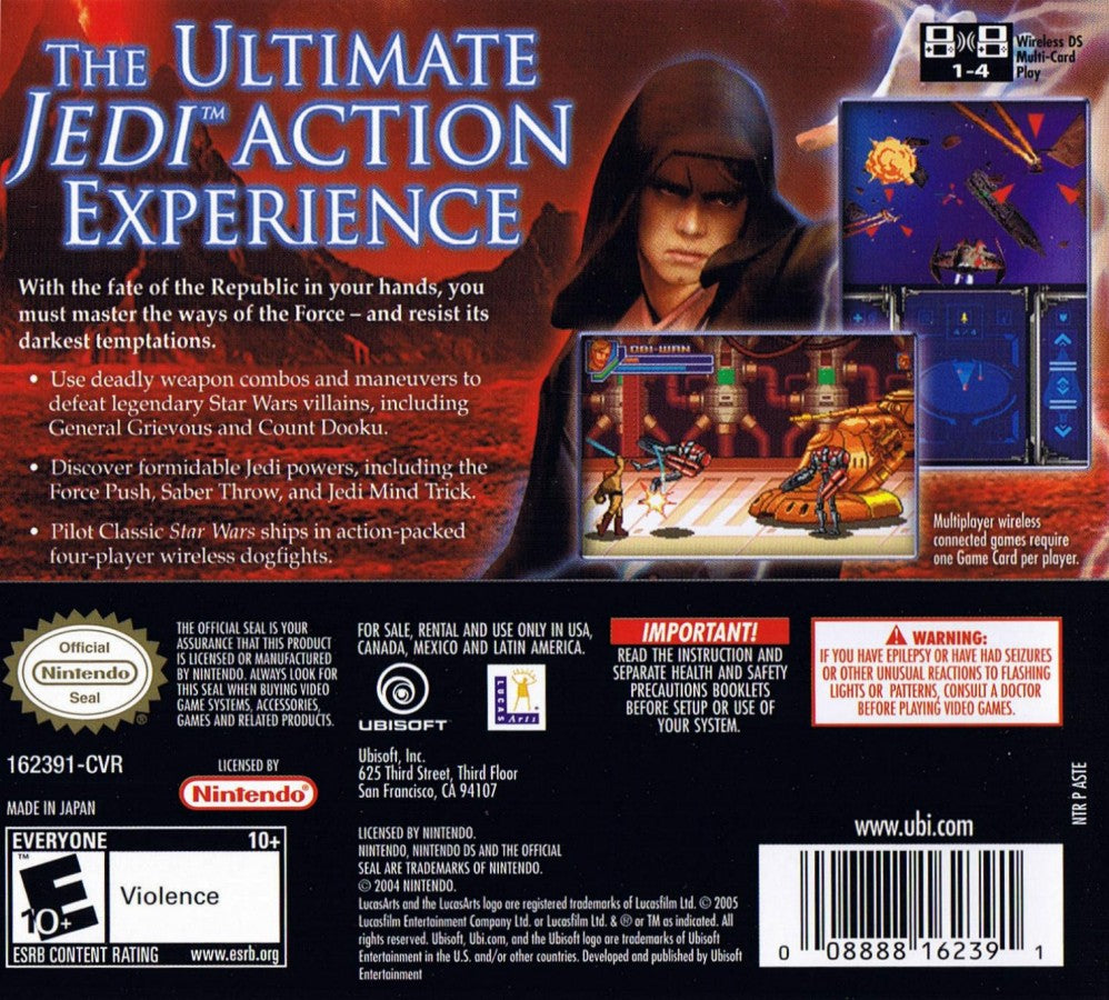 Star Wars Episode III Revenge of the Sith cartridge for the Nintendo DS featuring action combat gameplay based on the movie with lightsaber battles force powers and cinematic missions following Anakin and Obi Wan baack cover art
