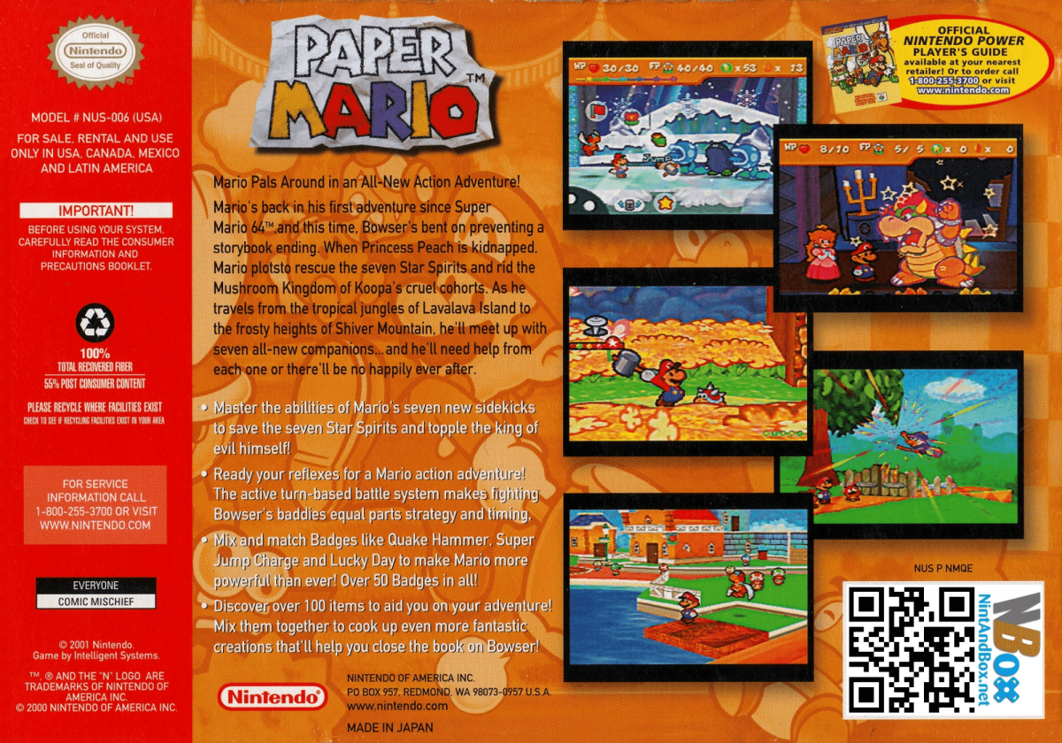 Paper Mario back cover art for Nintendo 64 N64 video game
