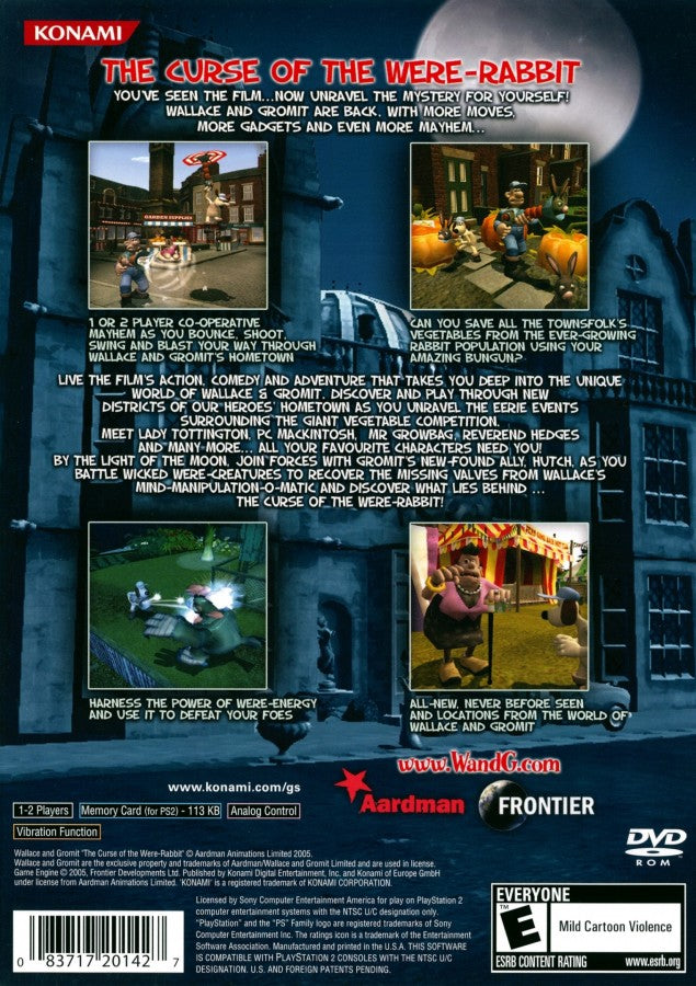 Wallace & Gromit: Curse of the Were-Rabbit – PlayStation 2 (PS2) video game back of case, action-adventure platformer.