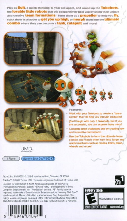 Tokobot back of case for PlayStation Portable (PSP) puzzle platformer game