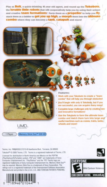 Tokobot back of case for PlayStation Portable (PSP) puzzle platformer game