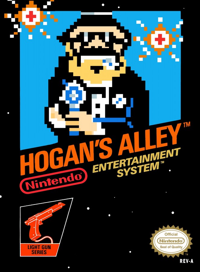 Hogan's Alley 5 Screw Nintendo Entertainment System NES video game featuring light gun shooting gameplay target practice wild west shooting gallery gangster and civilian targets quick reflex challenges classic 8 bit Nintendo action retro video game collection collectible gaming appeal cover art
