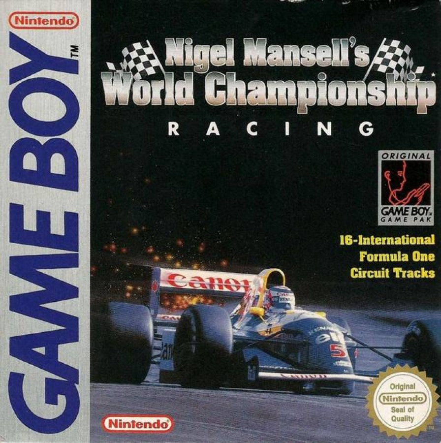 Nigel Mansell’s World Championship Racing Game Boy racing video game cover art.