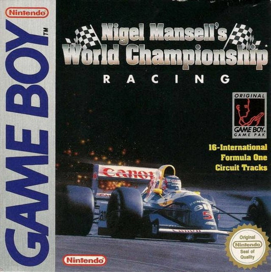 Nigel Mansell’s World Championship Racing Game Boy racing video game cover art.