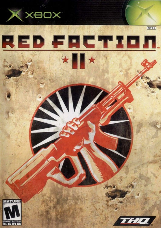 Red Faction II Xbox game featuring first person shooter gameplay futuristic sci fi storyline destructible environments multiplayer modes and explosive combat action by THQ cover art