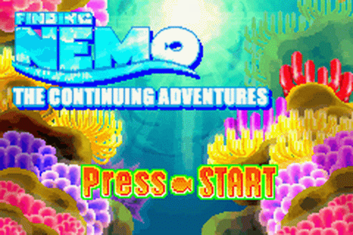 Disney Pixar Finding Nemo The Continuing Adventures for Game Boy Advance (GBA), title screen for a retro video game featuring action-adventure gameplay, underwater exploration, character-based missions, puzzle-solving, and movie-inspired challenges