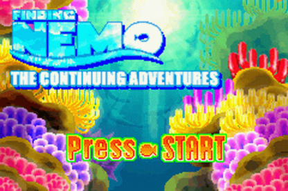 Disney Pixar Finding Nemo The Continuing Adventures for Game Boy Advance (GBA), title screen for a retro video game featuring action-adventure gameplay, underwater exploration, character-based missions, puzzle-solving, and movie-inspired challenges