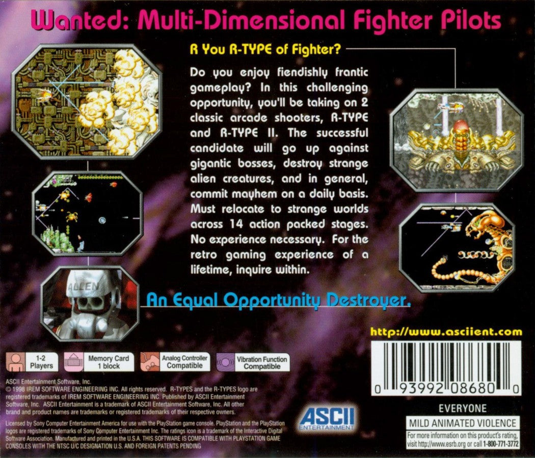 R-Types PS1 PlayStation 1 side scrolling shoot em up arcade shooter sci fi space combat Irem classic arcade ports retro video game back cover art