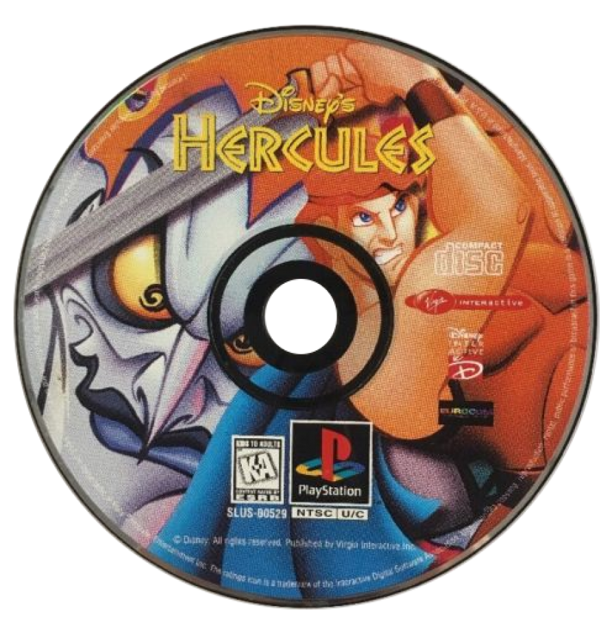 Disney Hercules PlayStation 1 PS1 Virgin Interactive 2D side-scrolling platformer action-adventure based on the animated film levels following Hercules journey Meg Hades Pegasus Phil Pain Panic titans Hydra Greek mythology villain battles puzzle-solving voice clips from the movie Sony PlayStation original classic 90s licensed game disc