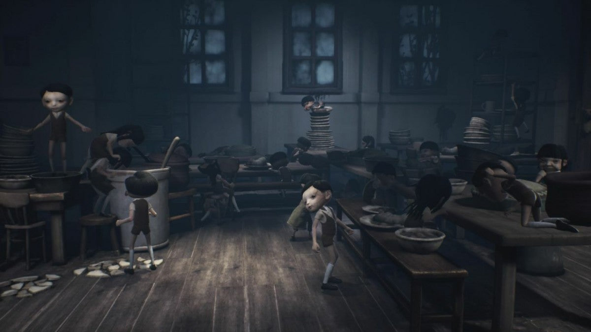 Little Nightmares II Nintendo Switch horror puzzle platformer following Mono and Six through the Pale City running from the Hunter Teacher and Thin Man gameplay