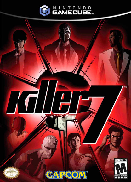 Killer7 Nintendo GameCube GCN for action adventure video game fans featuring stylish cel shaded visuals psychological thriller storyline first person shooting puzzle solving multiple playable assassins unique gameplay mechanics surreal atmosphere cult classic Capcom adventure collectible gaming appeal cover art