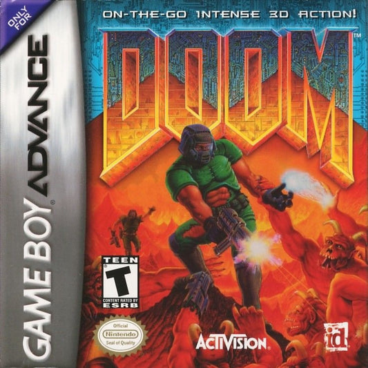 Doom for Game Boy Advance, cover image for a first-person shooter video game with fast-paced combat, demon enemies, sci-fi environments, and classic arcade-style action