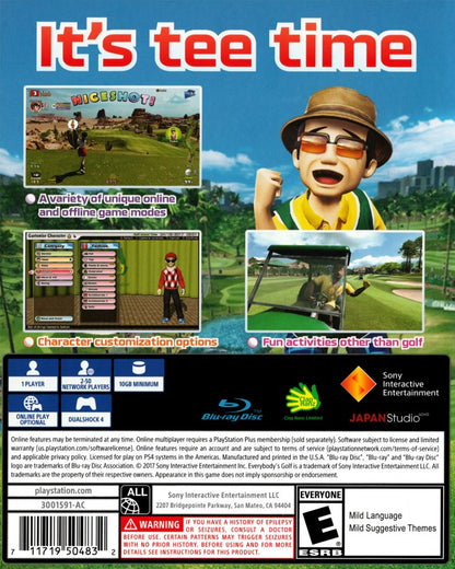 Everybody's Golf PlayStation 4 PS4 arcade sports video game colorful characters beautiful courses deep character customization online multiplayer open courses back cover art