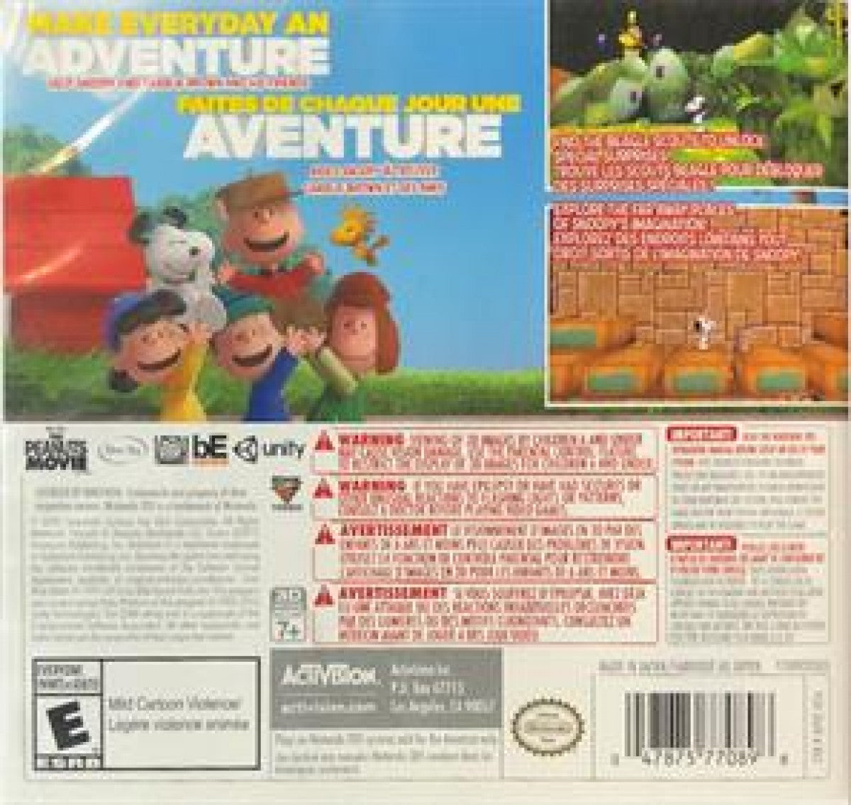 Snoopy's Grand Adventure Nintendo 3DS for action platforming video game fans featuring Peanuts characters side scrolling gameplay imaginative worlds collectible treasures puzzle solving family friendly adventure colorful visuals portable Nintendo gaming collectible gaming appeal back cover art