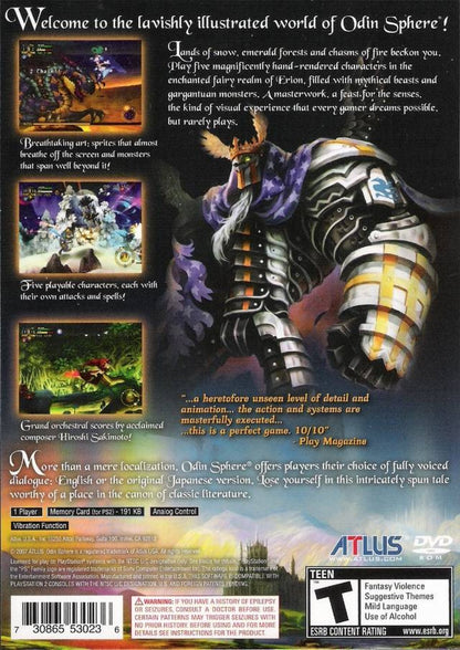 Odin Sphere PS2 Sony PlayStation 2 action RPG side scrolling beat em up fantasy fairy tale narrative Vanillaware hand drawn art style multiple character storylines combo combat potion crafting retro gaming PlayStation 2 software video game title back cover art