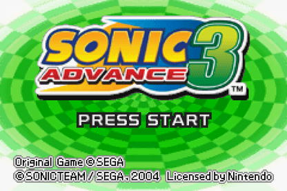 Sonic Advance 3 for Game Boy Advance (GBA), title screen for a retro video game featuring fast-paced platforming gameplay, side-scrolling action, multiplayer co-op, collectible rings, and iconic character-based adventures