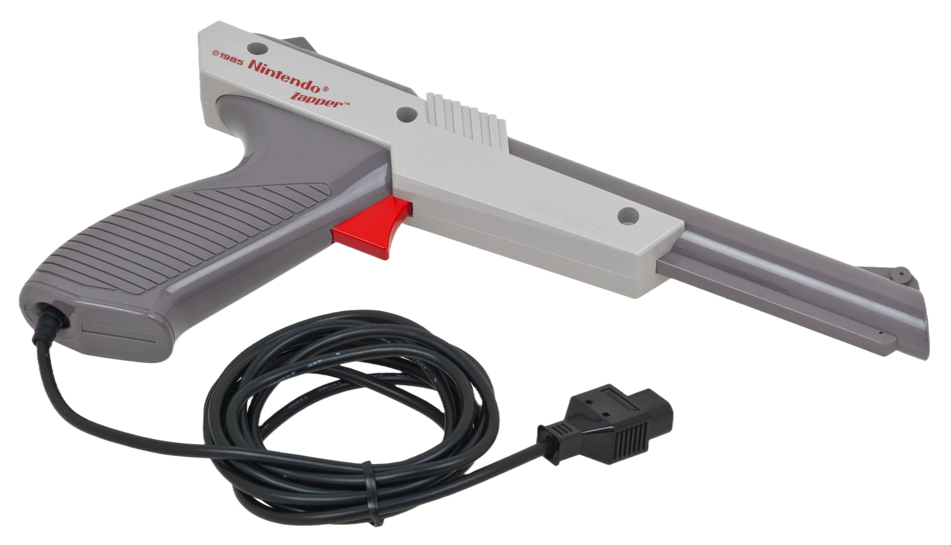 OEM Nintendo Zapper light gun accessory in gray for the Nintendo Entertainment System NES official authentic peripheral with orange tip trigger grip and cable connector for Duck Hunt and other shooting games right side aim down