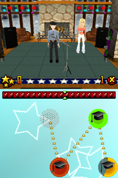 High School Musical Making the Cut for Nintendo DS (DS), gameplay for a retro video game featuring rhythm-based gameplay, music performance challenges, dance mini-games, character progression, and movie-inspired musical adventure