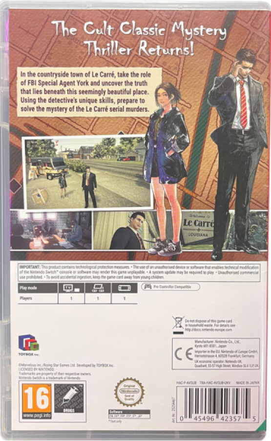 Deadly Premonition 2 A Blessing in Disguise Nintendo Switch inspired design featuring mystery horror adventure aesthetic small town investigation supernatural suspense eccentric characters open world exploration cinematic storytelling atmospheric detective gameplay presentation rear art 