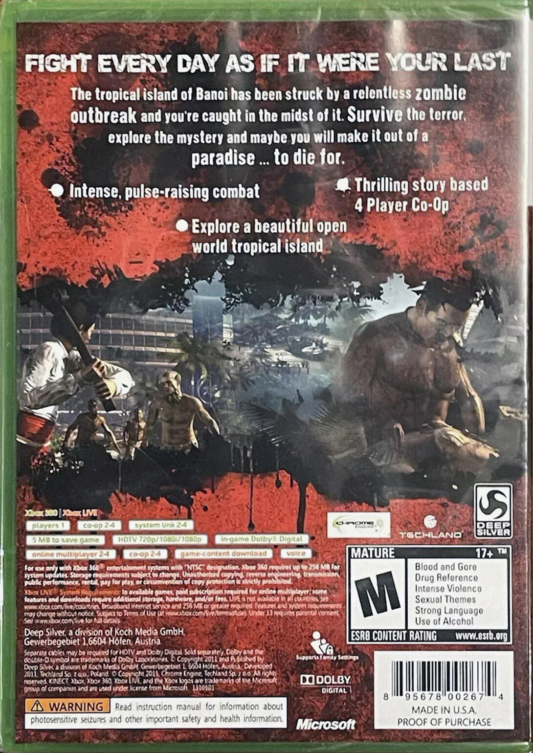 Dead Island Special Edition Xbox 360 video game, open-world action RPG, zombie survival combat, cooperative multiplayer, console title back cover