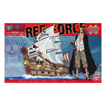 Red Force Model Ship Bandai One Piece Grand Ship Collection model kit inspired design featuring detailed buildable pirate vessel aesthetic Red Hair Pirates flagship design intricate deck and sail components anime inspired craftsmanship collectible display model nautical adventure theme and seafaring presentation